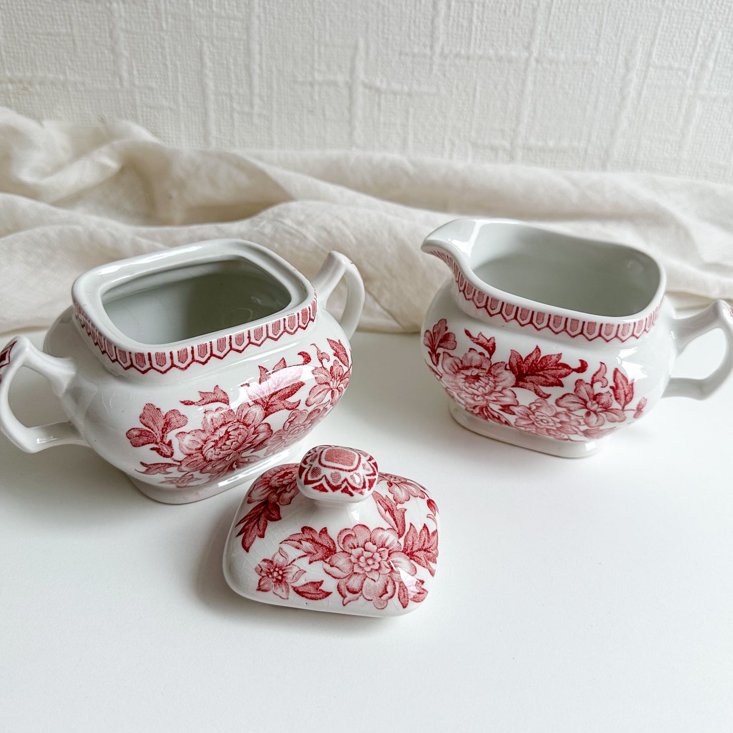 Red Transferware Sugar Bowl and Creamer by Wood & Sons