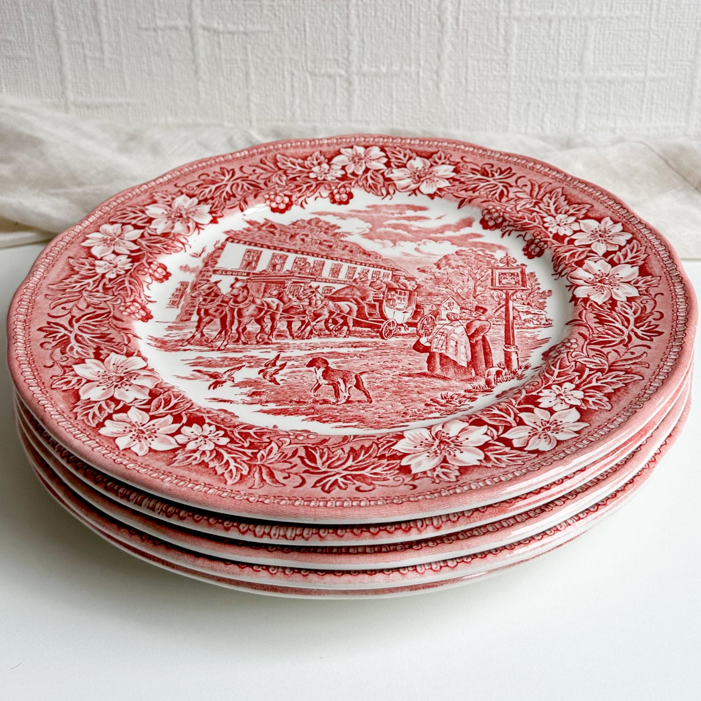 5 Red Transferware Dinner Plates
