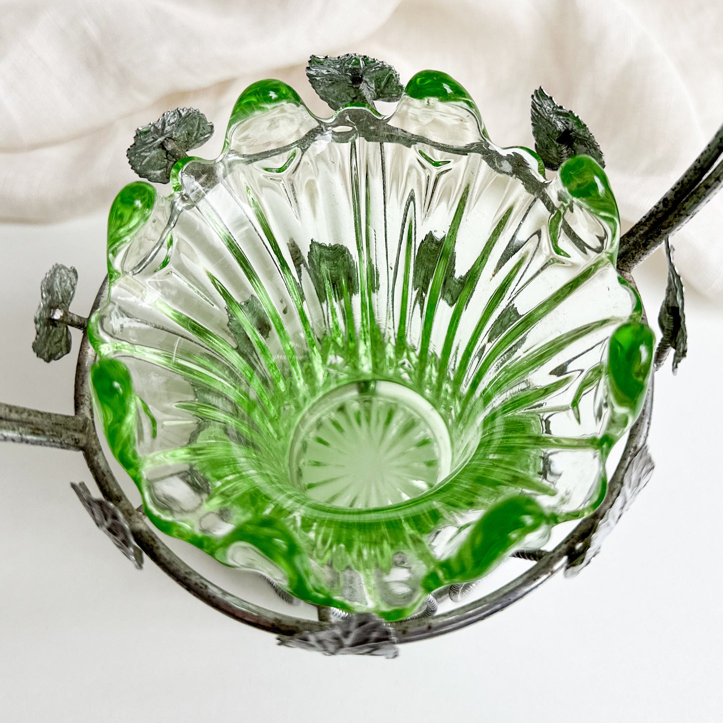 Art Deco Glass Vase in Metal Leaf Basket