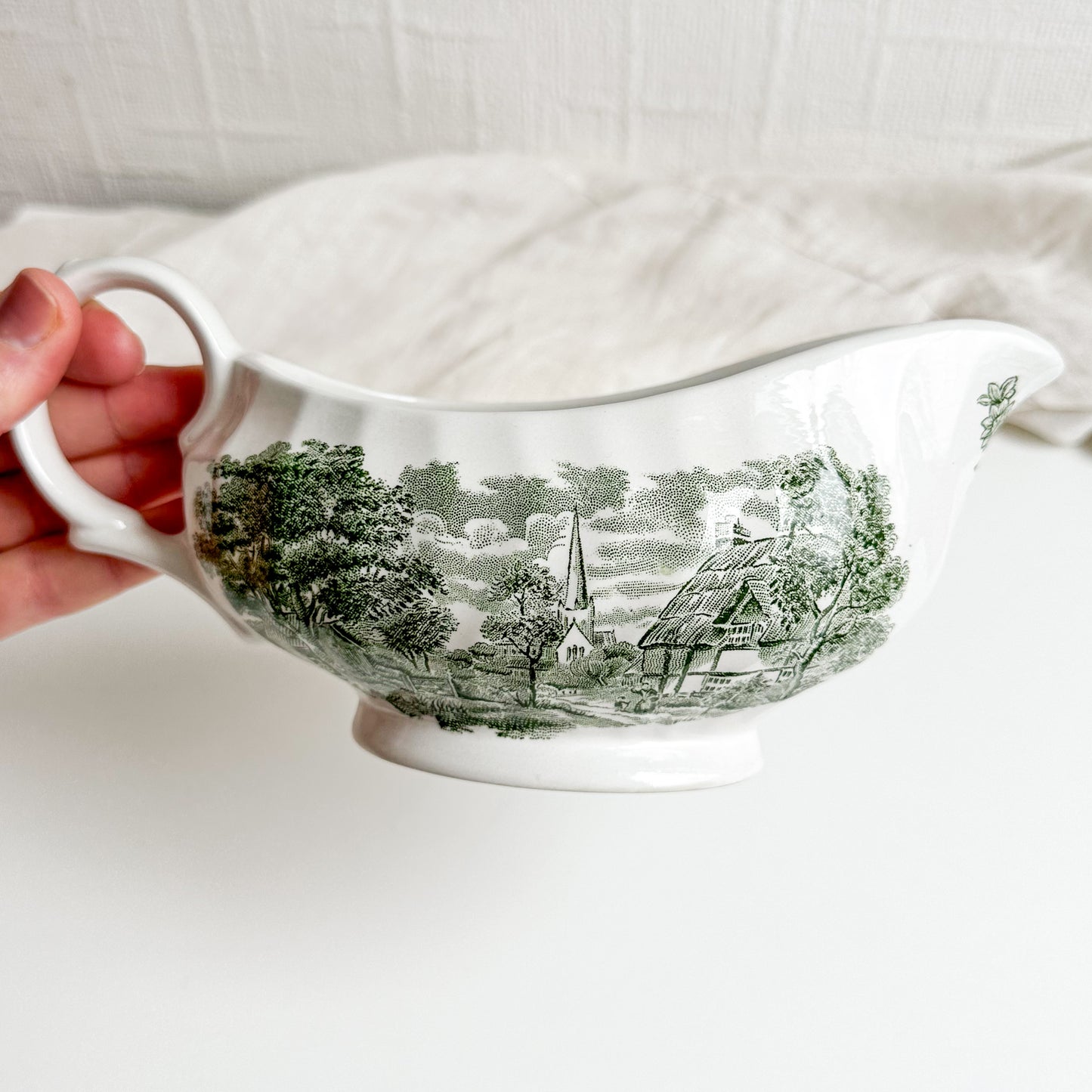 Green Transferware Gravy Boat