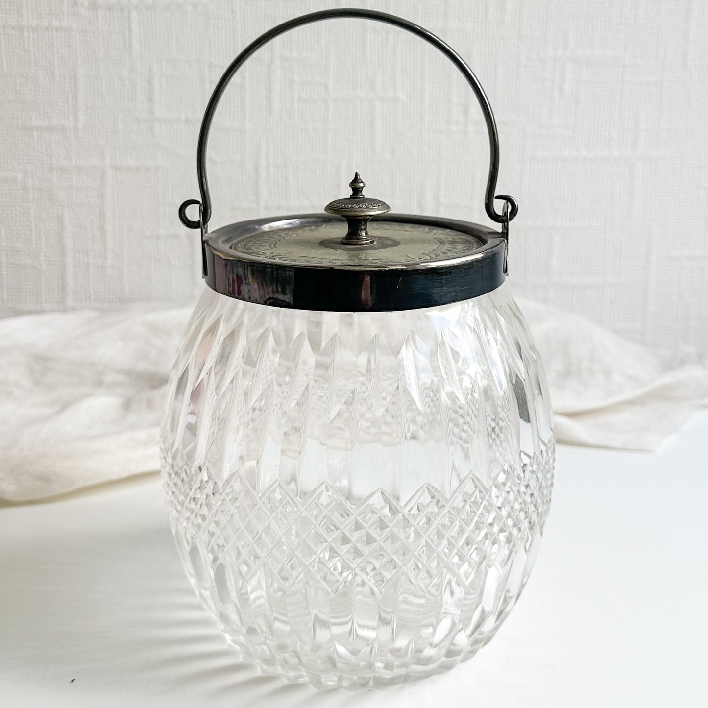 Cut Glass Biscuit Barrel with Silver Plated Top