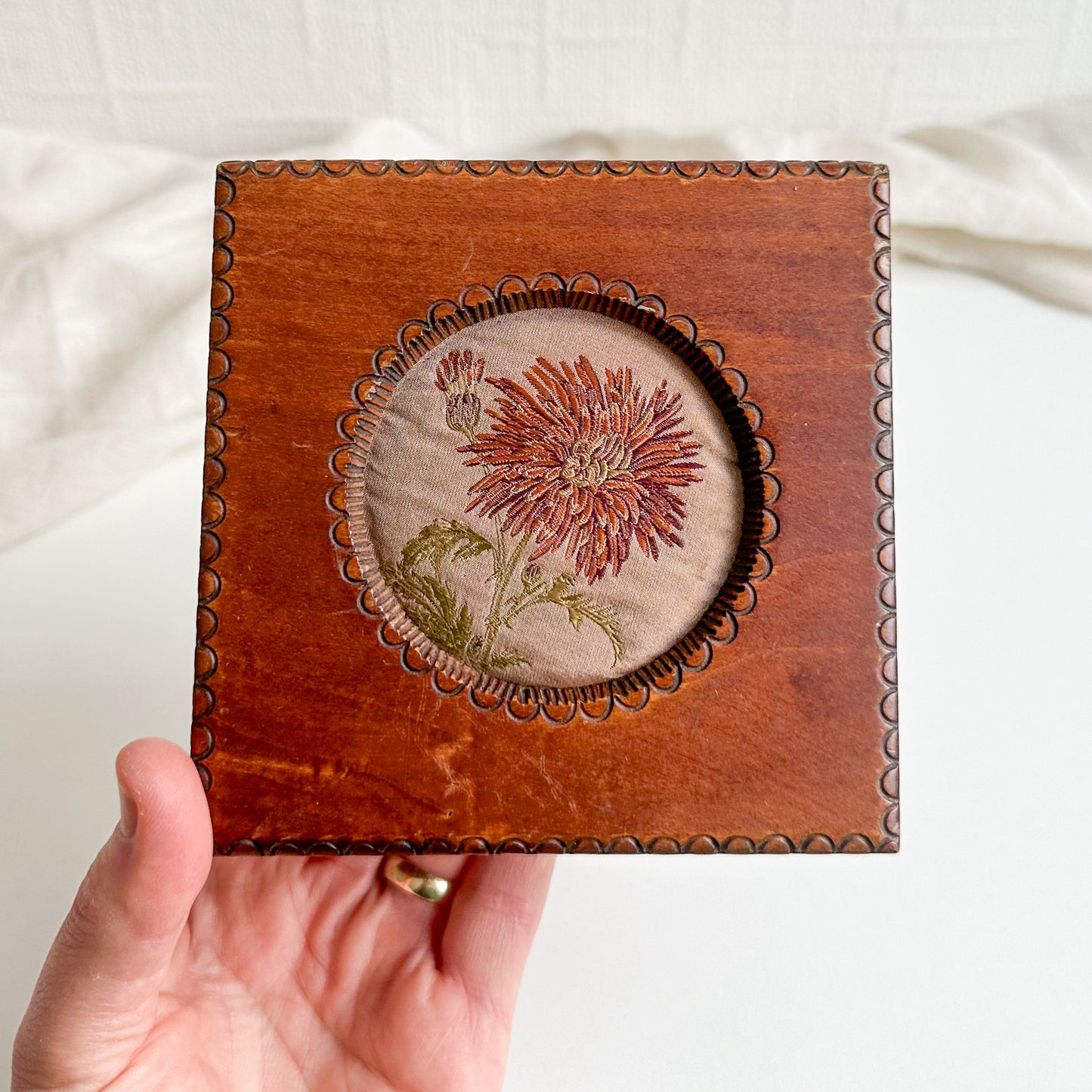 Wooden Box with Embroidered Fabric