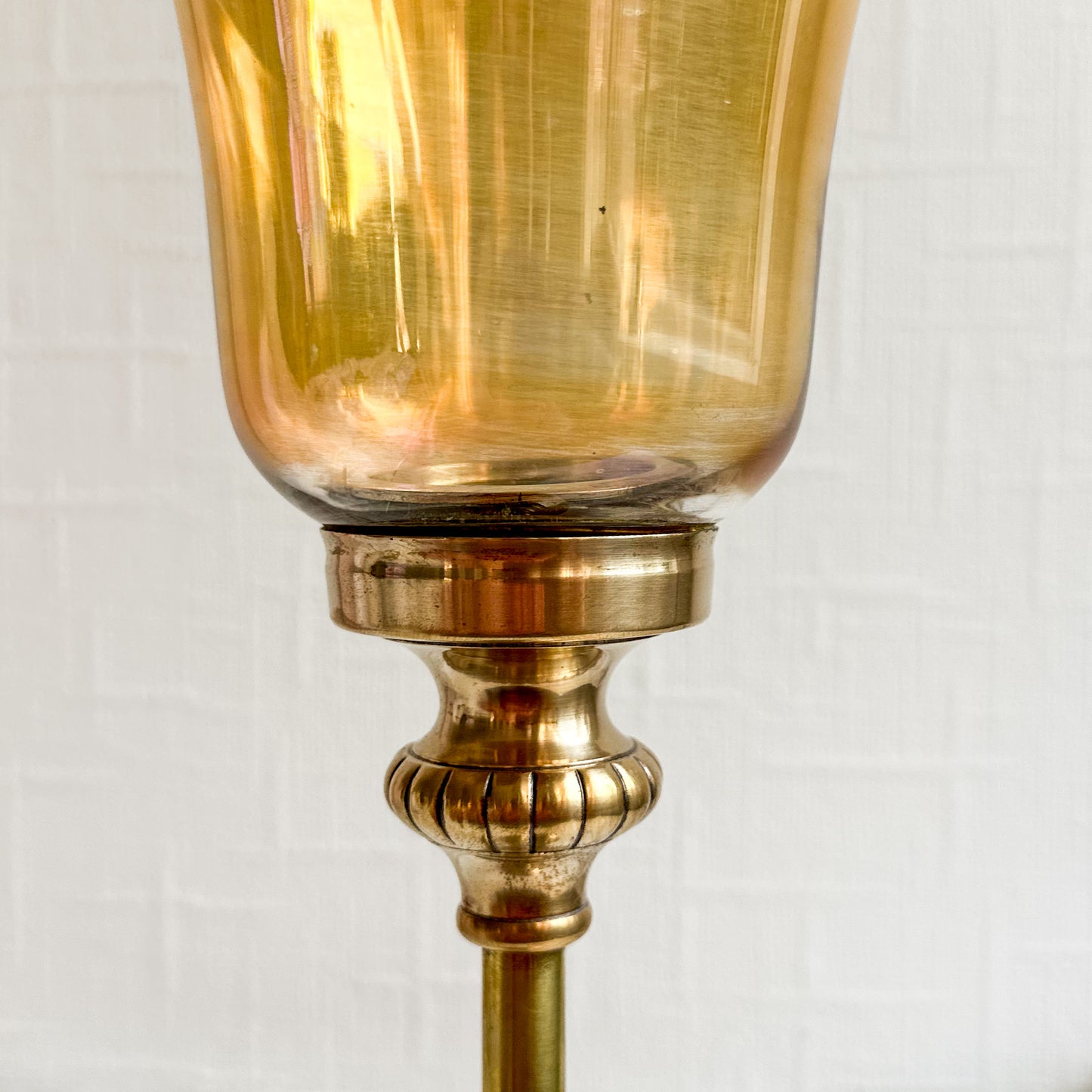 Tall Amber Glass and Brass Candle Holder