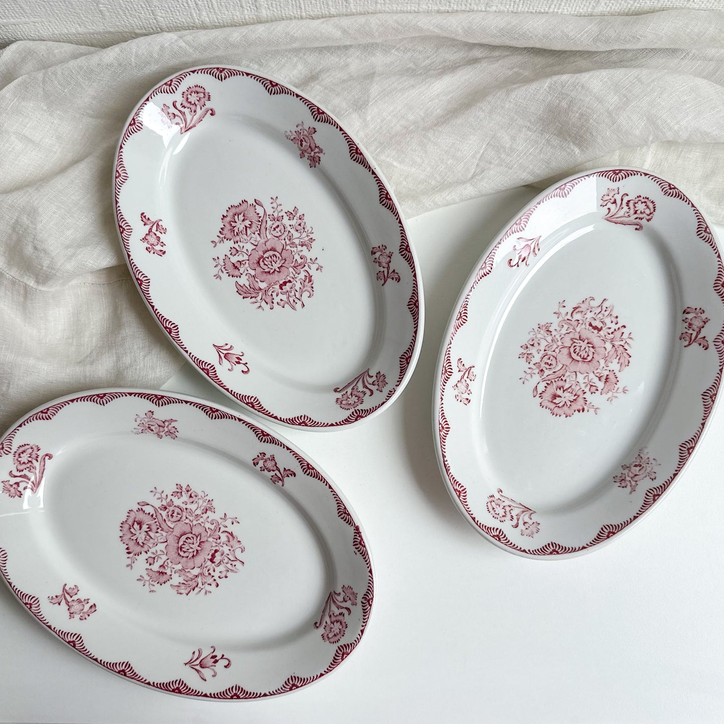 Set of 3 Pink Transferware Oval Plates