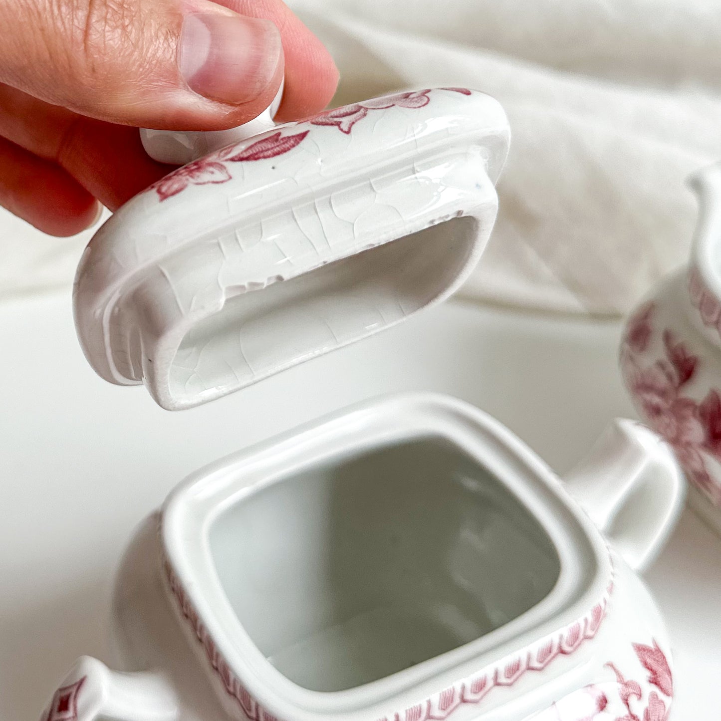 Red Transferware Sugar Bowl and Creamer by Wood & Sons