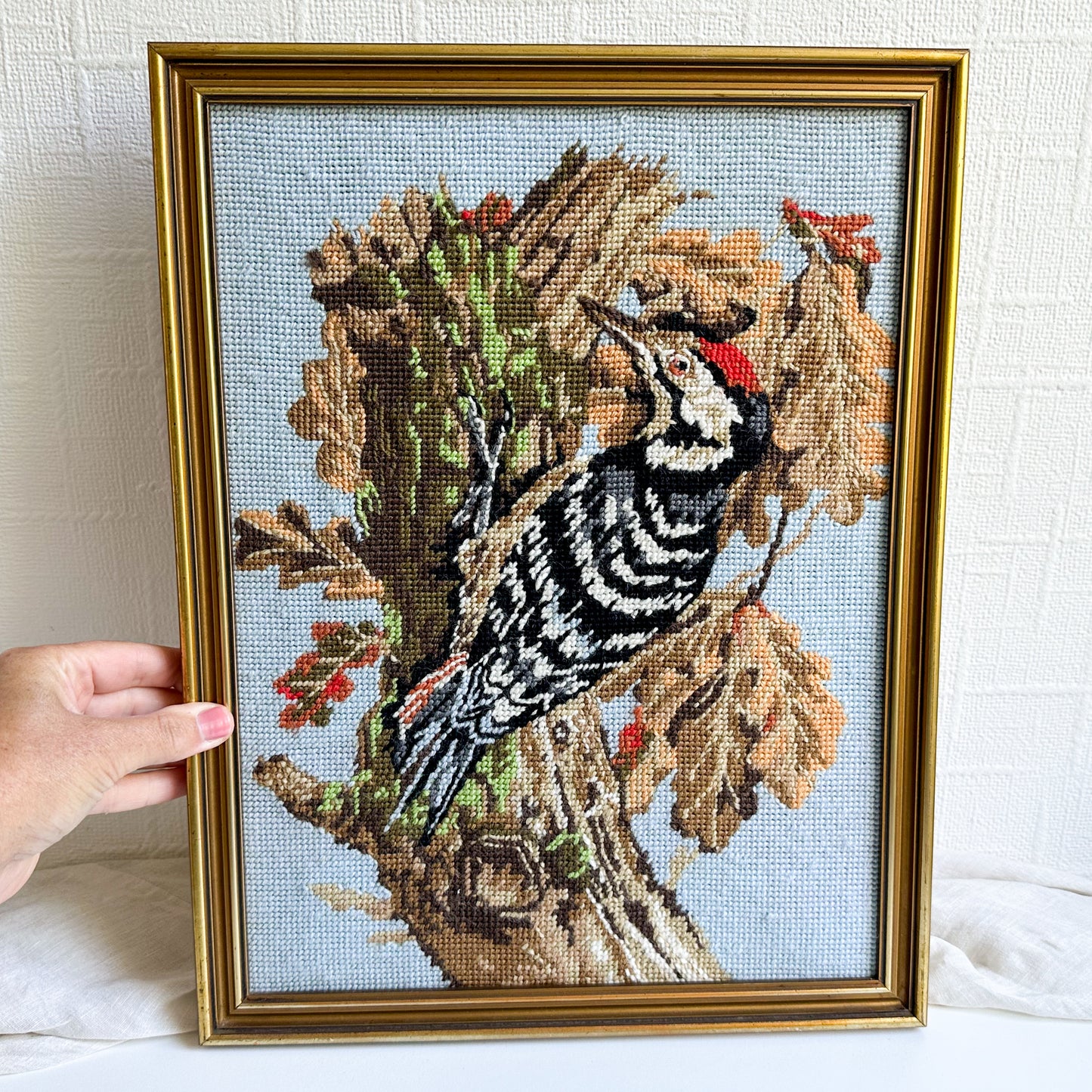 Framed Woodpecker Needlepoint