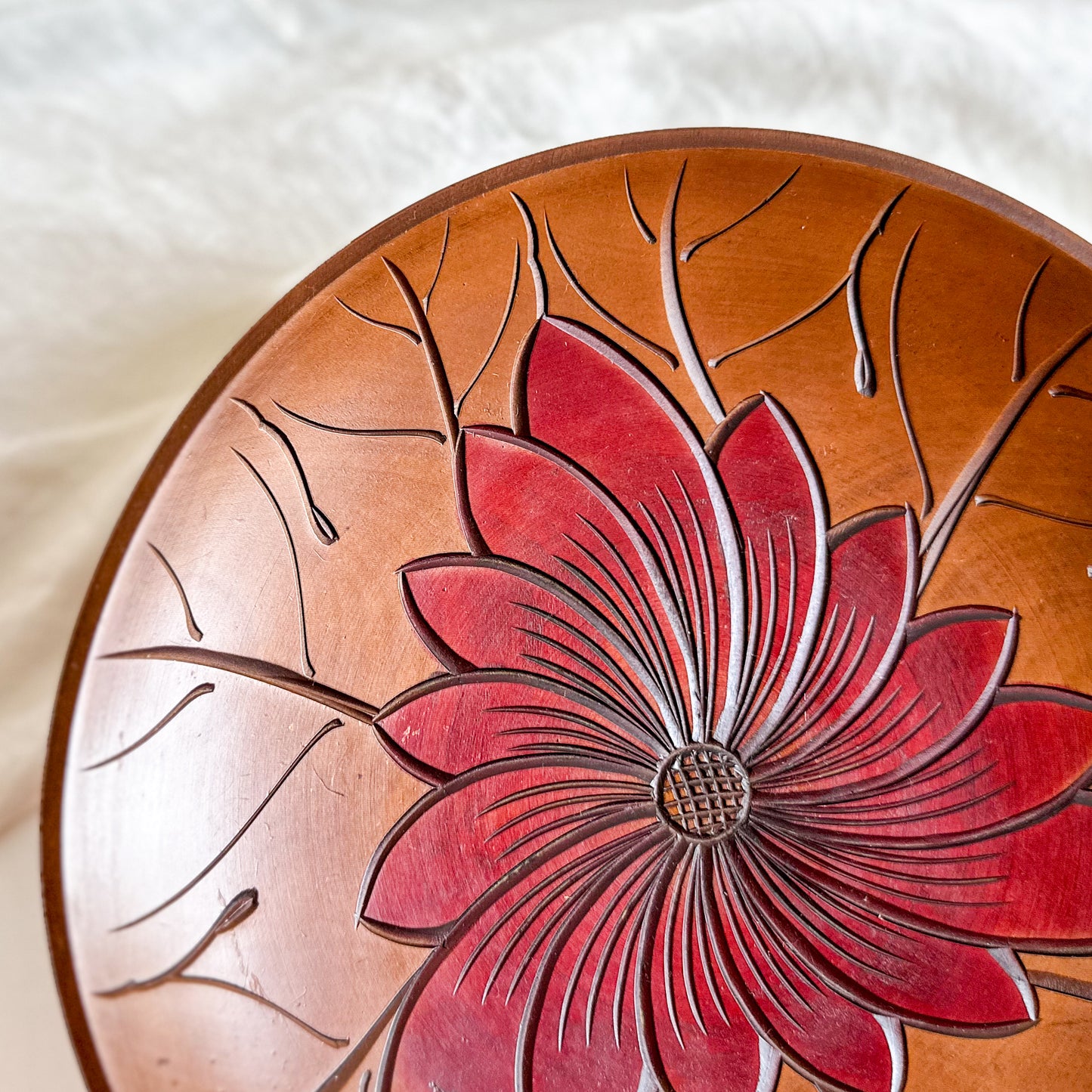 Pedestal Wooden Bowl with Floral Design