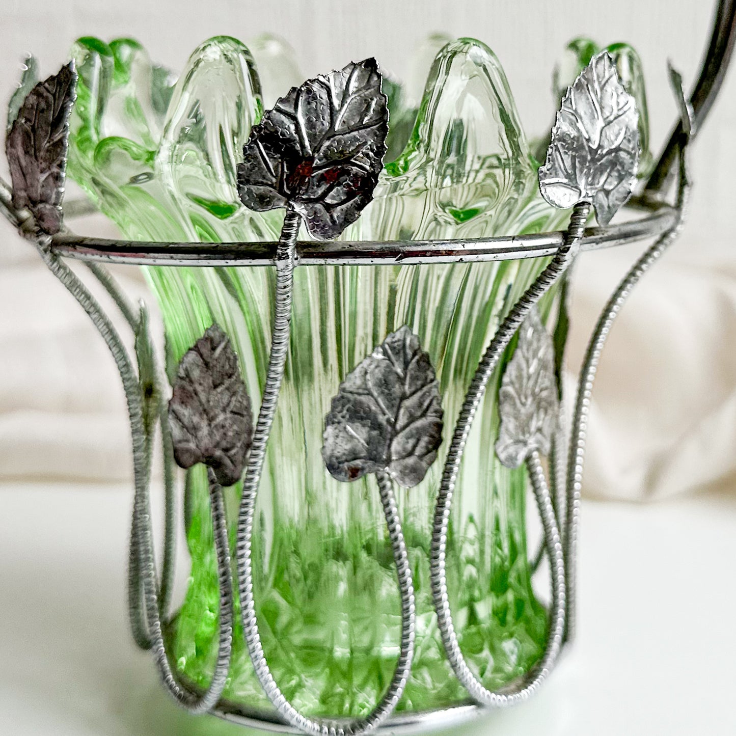 Art Deco Glass Vase in Metal Leaf Basket