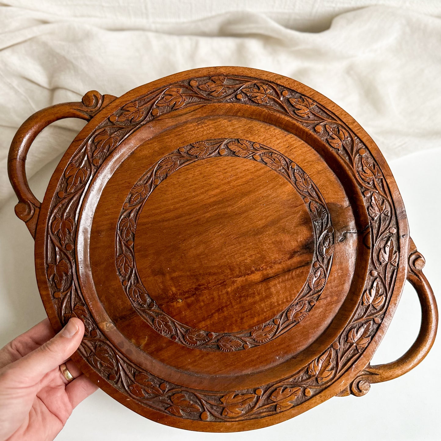 Vintage Hand Carved Wooden Tray with Handles