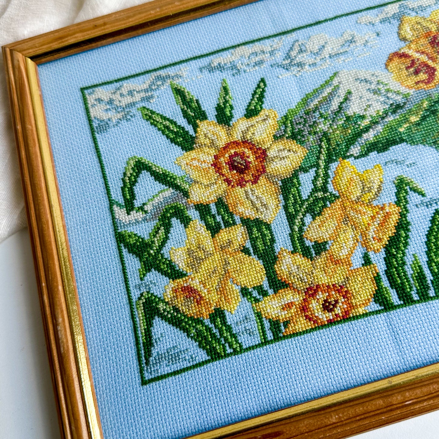 Framed Cross Stitch Picture with Daffodils