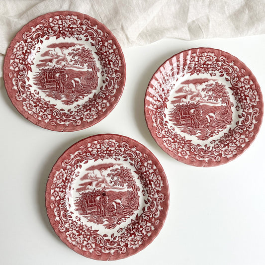 3 Vintage Red Transferware Dessert Plates