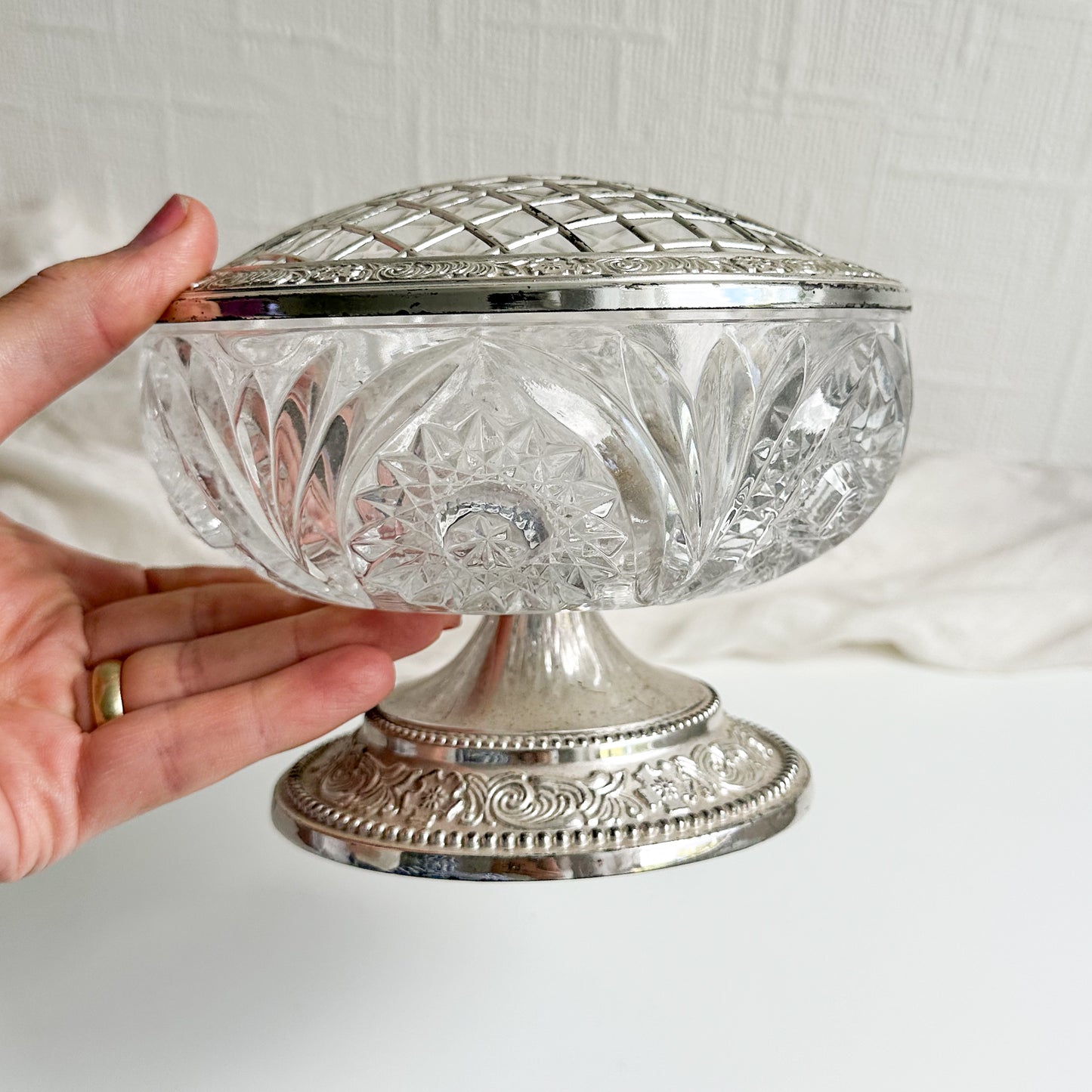 Crystal Rose Bowl with Silver Plated Foot