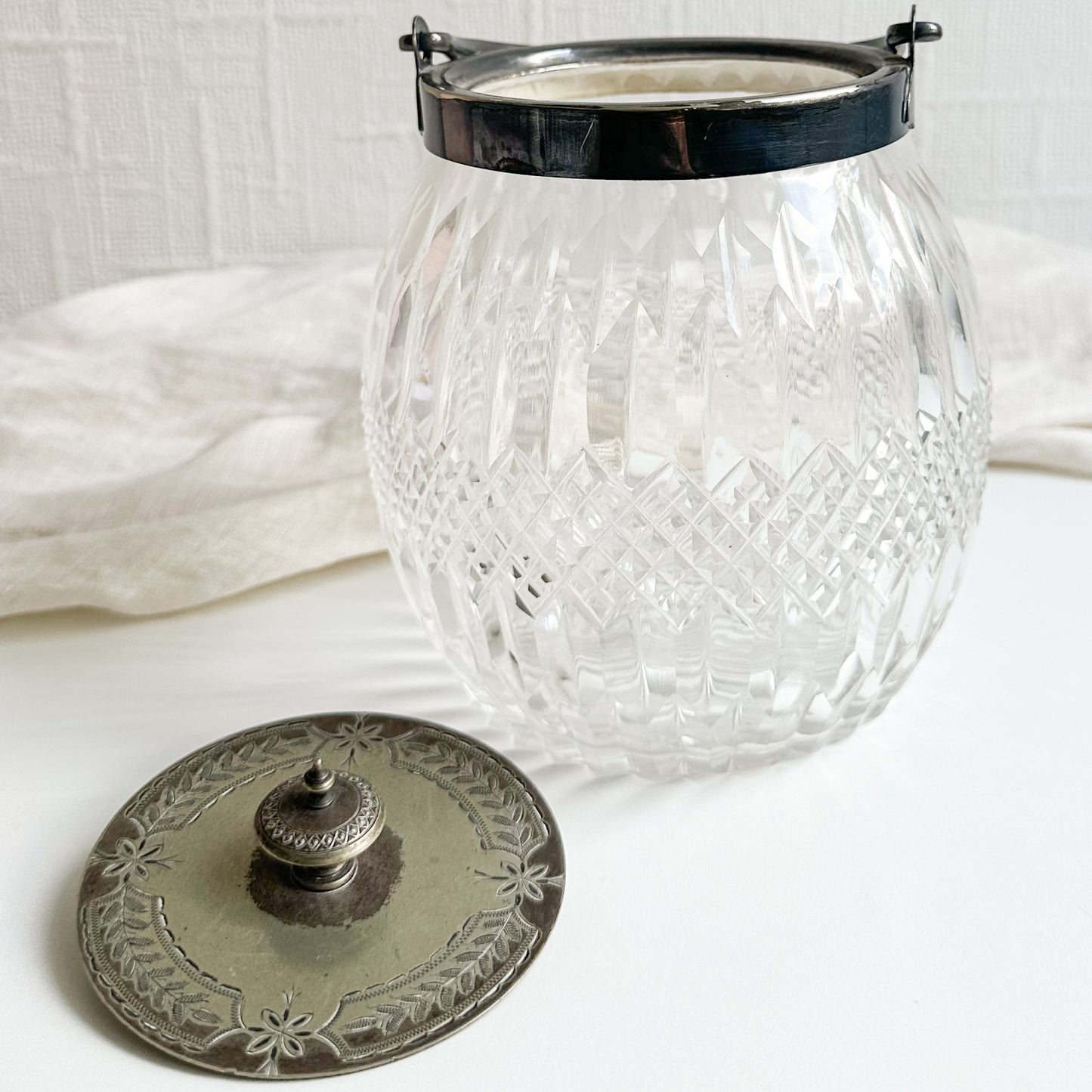 Cut Glass Biscuit Barrel with Silver Plated Top