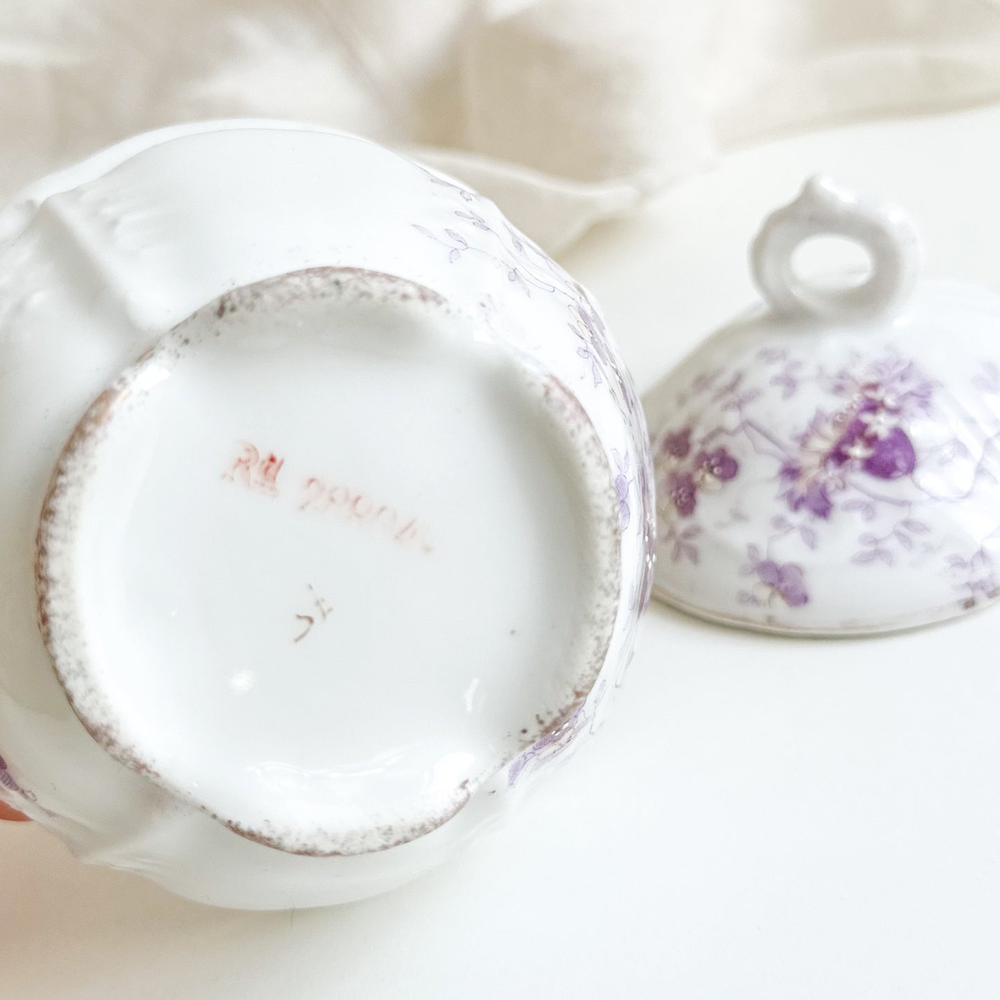 Antique Lidded Bowl with Purple Flowers