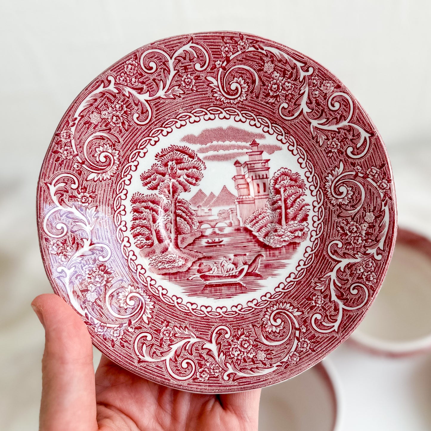 Pair of Red Transferware Tea Cups and Saucers