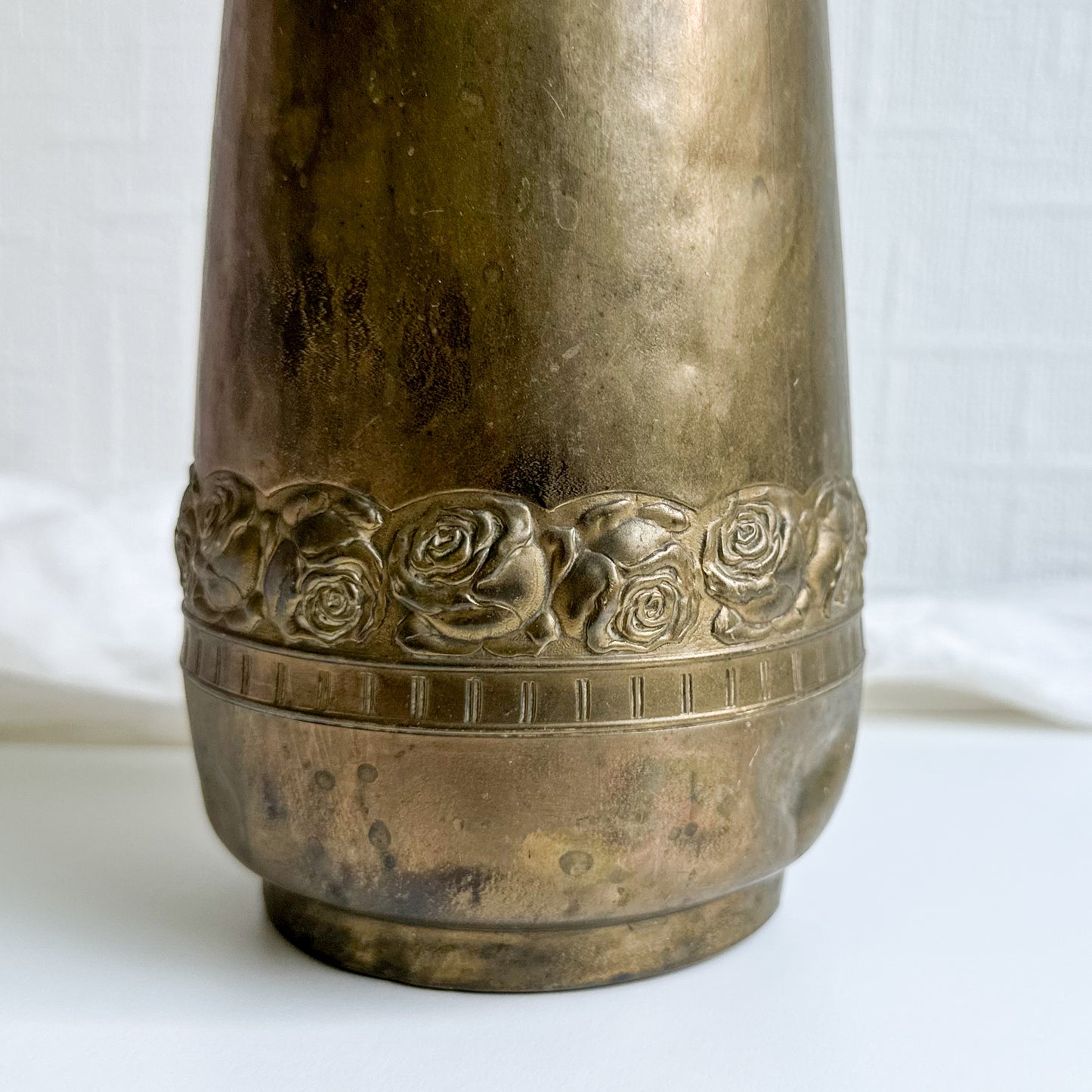 Antique Hammered Brass Vase with Floral Design