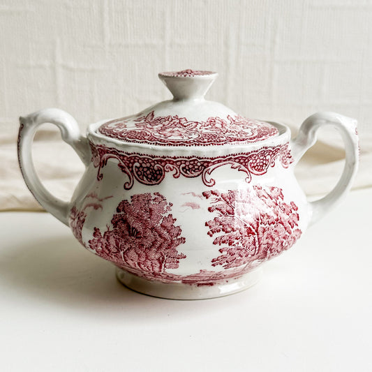 Red Transferware Sugar Bowl