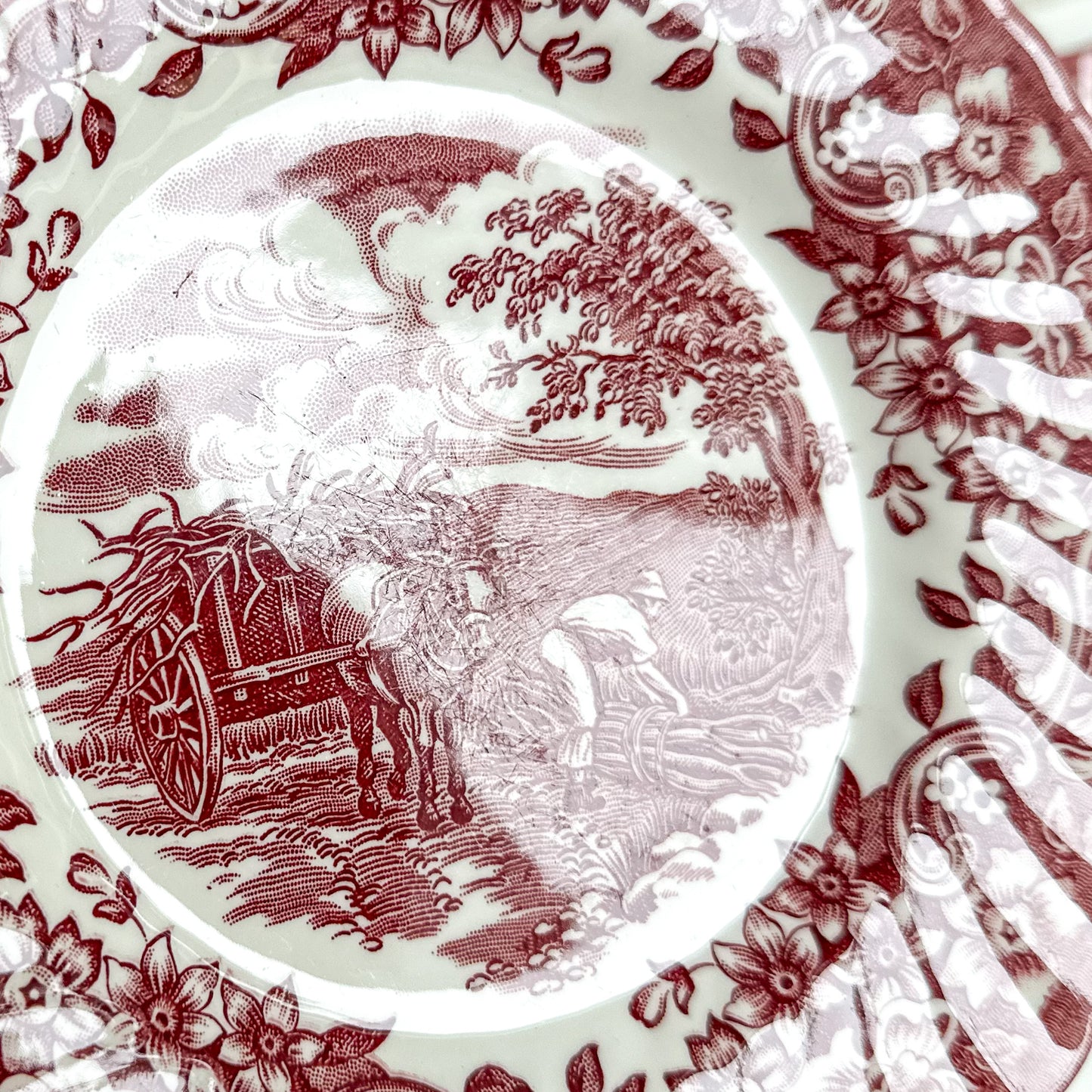 3 Vintage Red Transferware Dessert Plates