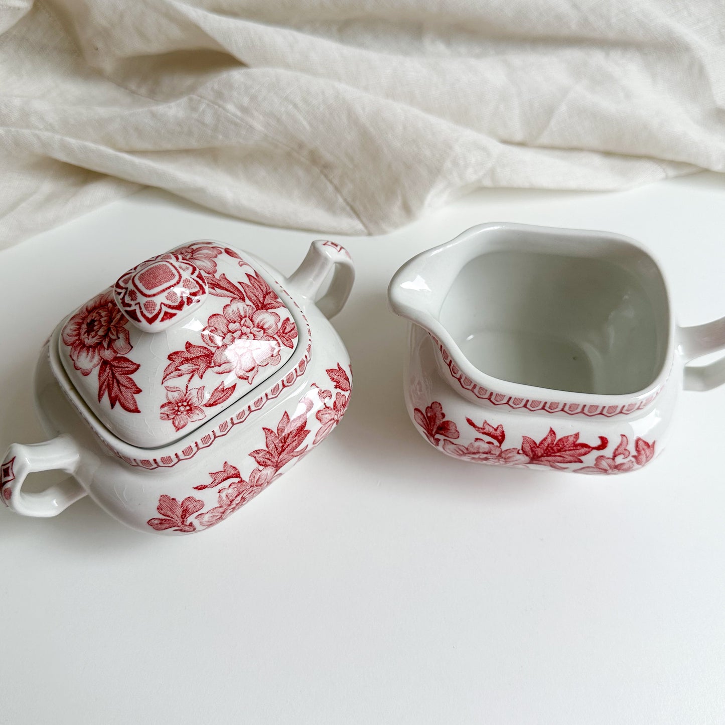 Red Transferware Sugar Bowl and Creamer by Wood & Sons