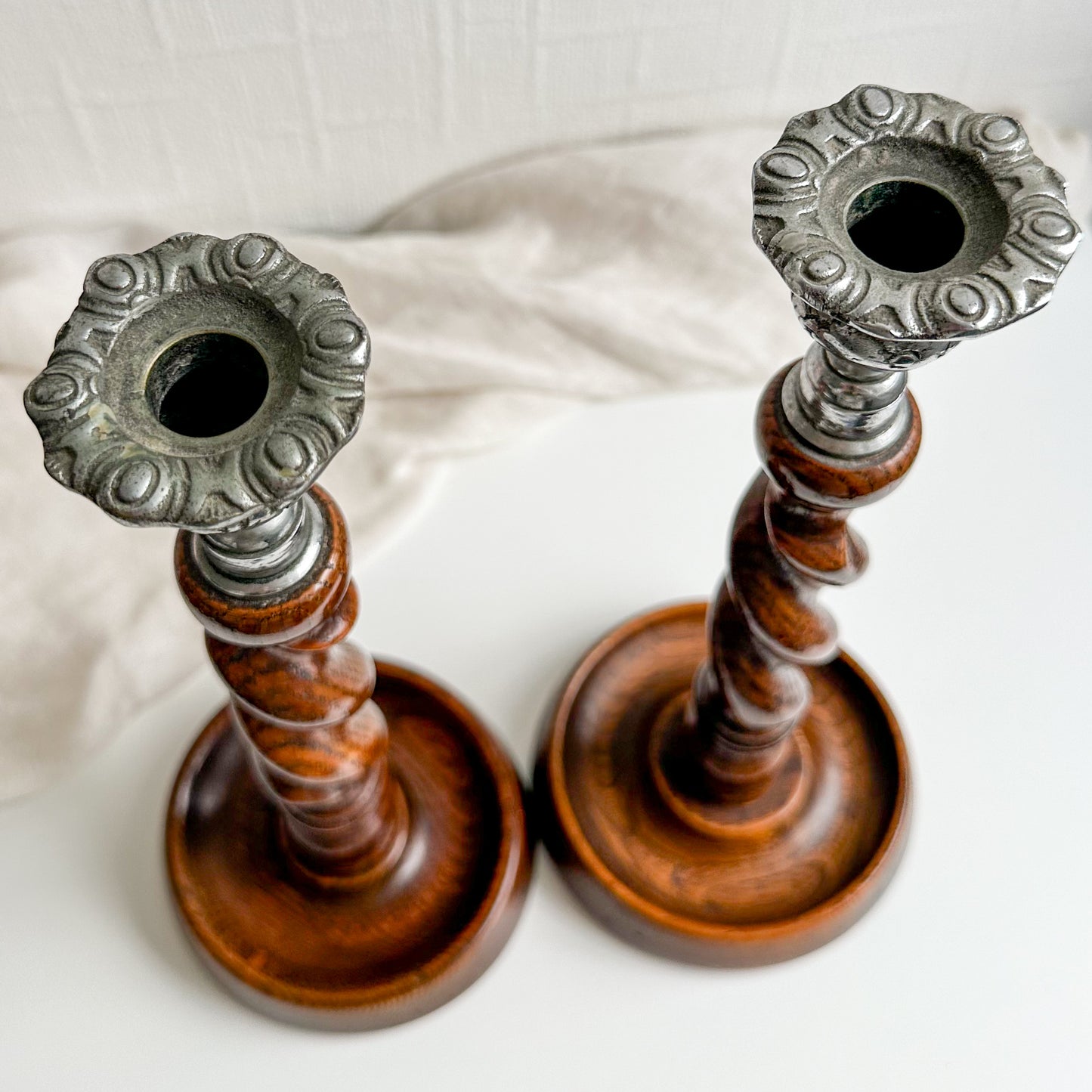 Pair of Oak Barley Twist Candlesticks