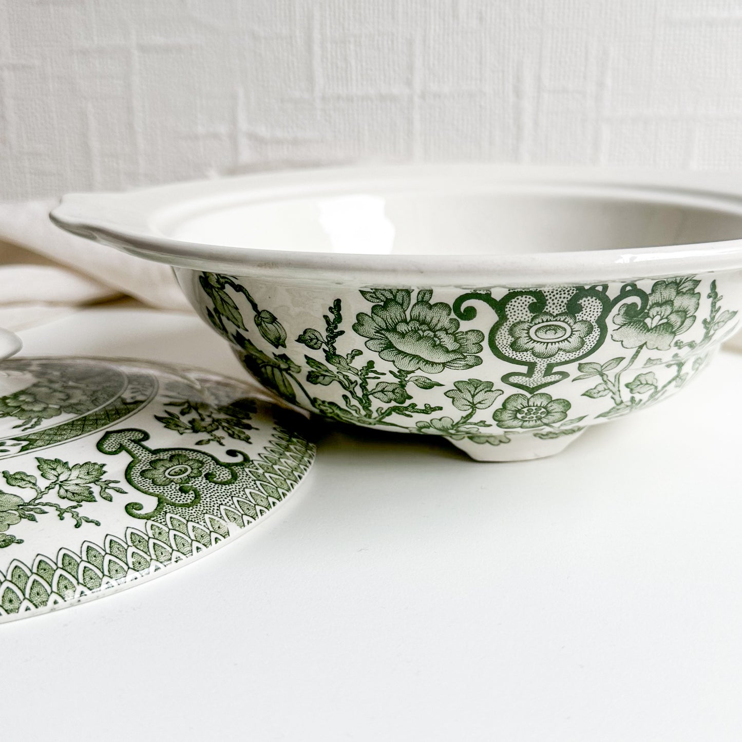 Green Transferware Bowl with Lid