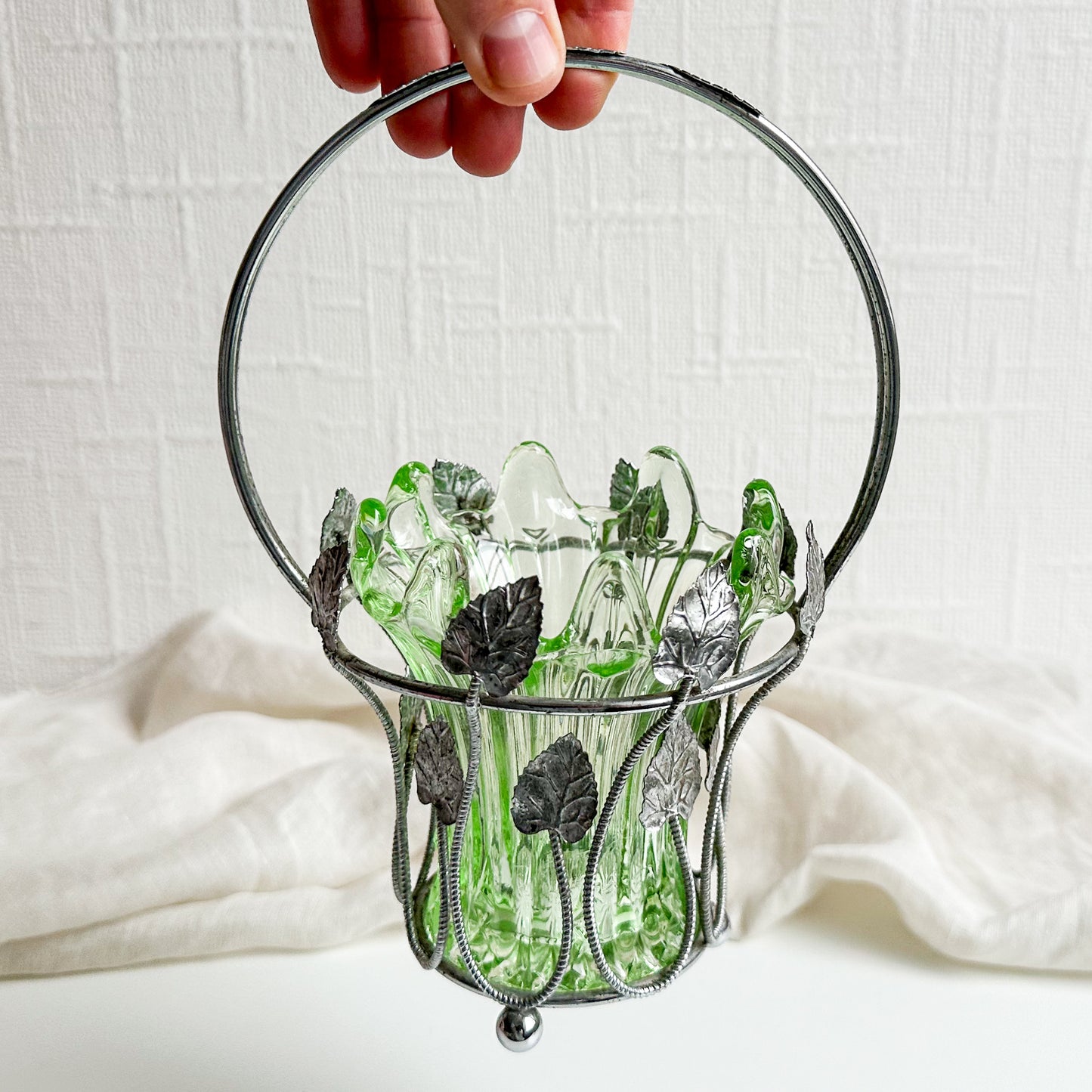 Art Deco Glass Vase in Metal Leaf Basket