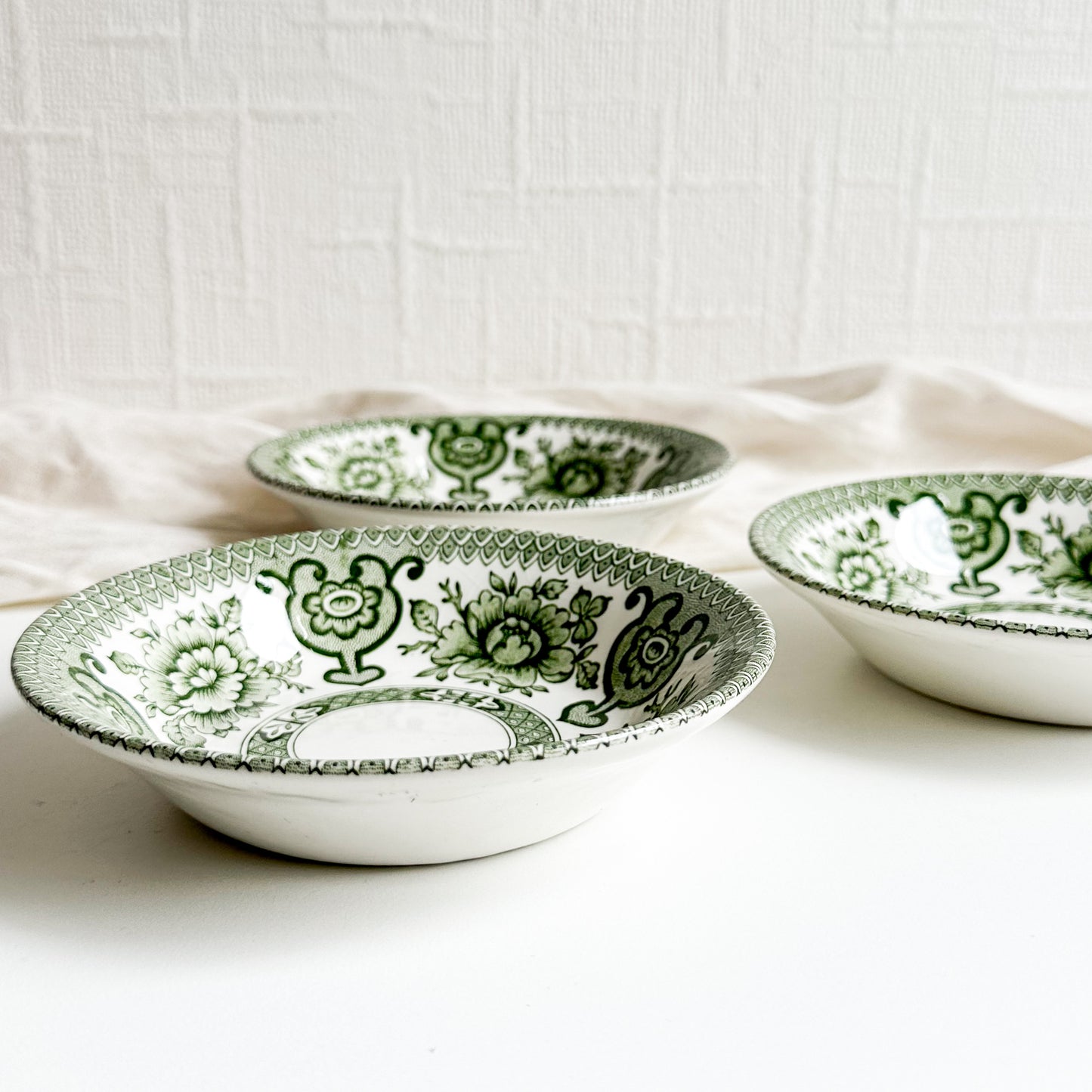 3 Green Transferware Bowls
