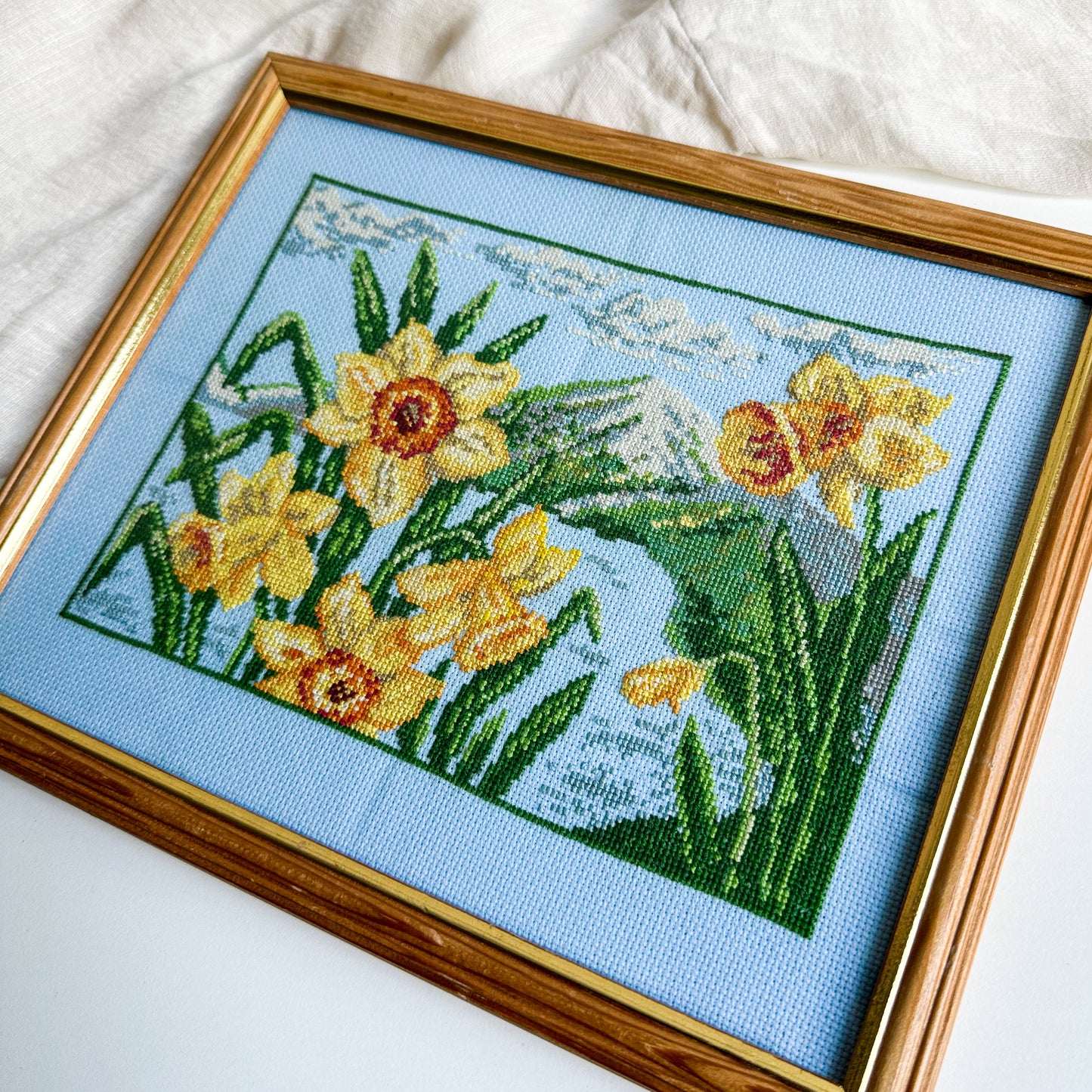 Framed Cross Stitch Picture with Daffodils